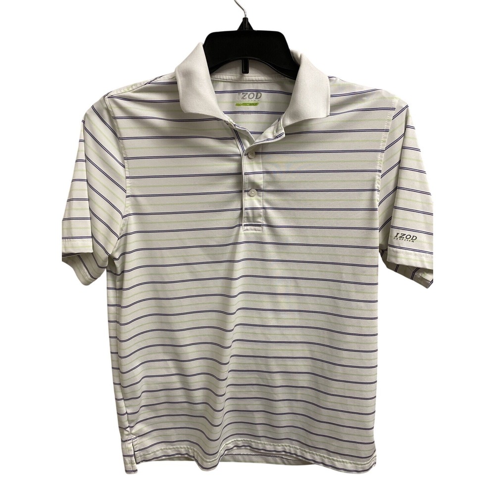 Izod Performance Golf Mens Polo Shirt S White Green Navy striped Short Sleeve